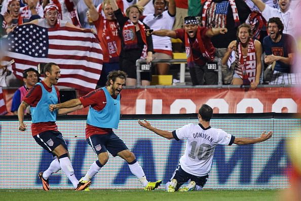 Landon Donovan #10 of the United States Men's National Team celebrates his second half goal against Mexico with teammates Brad Davis #17 of the United States MenÃs National Team, far left, and Graham Zusi #19 of the United States MenÃs National Team, middle, at Columbus Crew Stadium on September 10, 2013 in Columbus, Ohio. The United States defeated Mexico 2-0. (Getty Images)